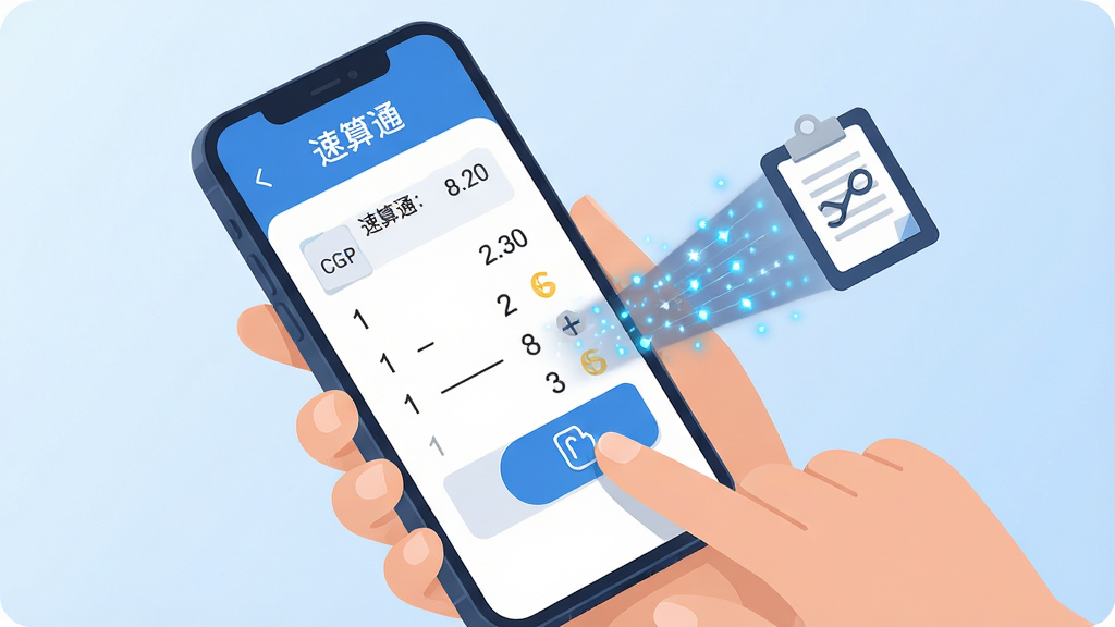 一张表现“速算通”结果复制功能的创意插图。主体为一只手拿着手机,手机屏幕显示“速算通”计算结果,手指正点击复制按钮,屏幕边缘有数据流飞向剪贴板图标的示意。布局为对角线构图。排版突出手机与手指动作。风格为现代扁平插画风,细节上数据流为蓝色光点。画质高清,背景为浅蓝色渐变,干净无多余元素。