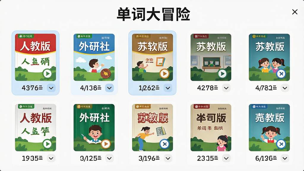 ���ʴ�ð�������Ĵʿ�ѡ����棬������չʾ����̲ķ���ͼ���������У������˽̰桢�����硢�ս̰�ȣ�ÿ��ͼ���·���ע�꼶��Ϣ�����涥���е��ʴ�ð�����֣�����Ϊ����״���Ű���������Ϊ��Լ�ִ���ƽ�磬ϸ�ڰ���ѡ�и���״̬��������ͷ�����ʸ��壬�ɾ����޶���Ԫ��