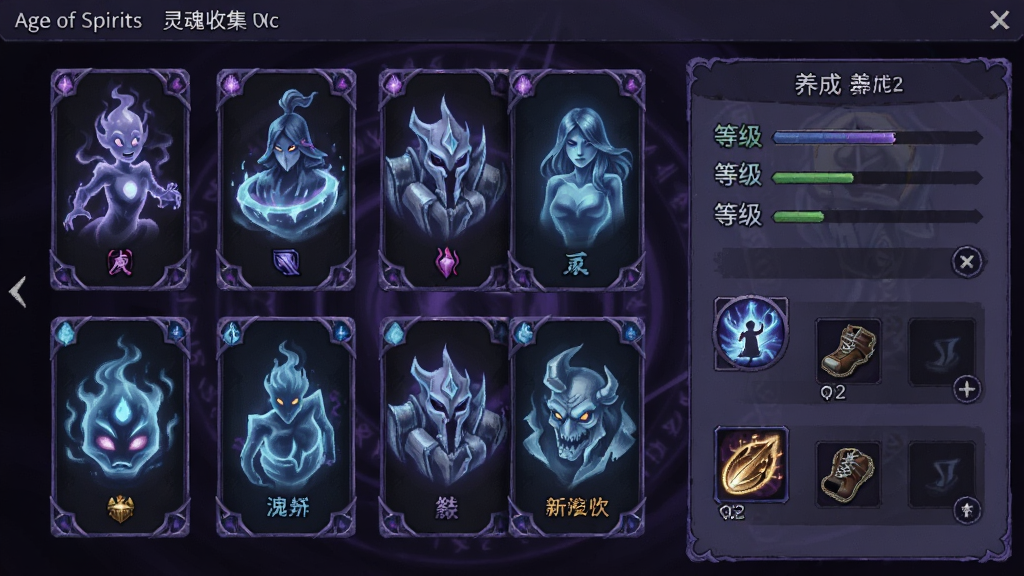 Age of Spirits ����ռ����棬�������չʾ�����ͬ���Ե���꿨Ƭ���Ҳ���������壬�����ȼ������ܡ�װ����λ��ɫ�������Ϻ�����Ϊ�������ͳһ���Ű����룬����������������Ԫ��