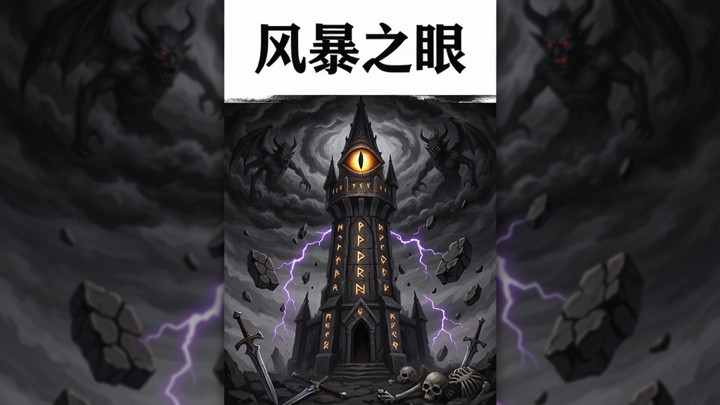 ������һ����Ϊ�籩֮�۵İ��ڷ����������ͼ������������һ������ɫ�籩�ƻ��Ƶļ�����������һֻ��������ۣ���ΧƯ���������ʯ������ɫ���硣���ֲ��þ��й�ͼ���Ϸ��������ڷ�����Ϸ���⡣�Ű�Ϊ���溣�����������Ϊ������á���Ϳ�ʸС��߶Աȶȡ�ϸ�ڰ����������й��Ϸ��ģ��籩������Լ�ɼ���ħ������������ɢ��������뺡�ǡ�����Ҫ����塢�ɾ����޶���Ԫ�أ�����������Ϊ���籩֮�ۡ���