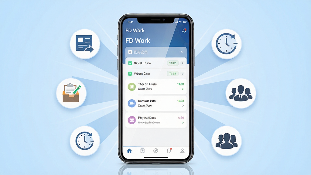һ��չʾFD Work�ƶ��칫Ӧ��������ĳ���ͼ������������һ�����������ֻ�����Ļ��ʾFD WorkӦ�õ������б��빤ʱͳ����壬�ֻ���Χ�����Ź���ͼ�ꡢʱ��ͼ����Ŷ�Э�������Ӱ�����ֲ������ķ���ʽ��ͼ�����Ϊ�ִ���ƽ���Ƽ��磬ϸ�����ֻ���Ļ����΢���⣬����Ϊǳ��ɫ���䣬�����������ɾ����޶���Ԫ��