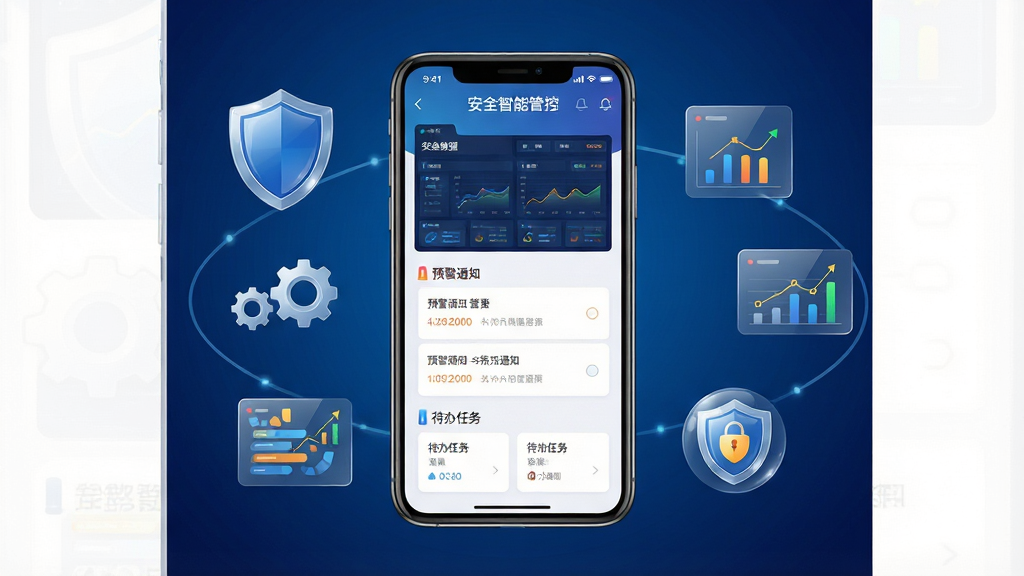 画面中央放置一部智能手机,手机屏幕上显示“安全智能管控”APP主界面,界面包含安全数据看板、预警通知列表和待办任务卡片;手机周围环绕着盾牌、齿轮、数据图表等安全元素图标;背景为深蓝色科技感渐变,布局采用中心构图,风格为扁平化科技风,细节包括界面UI的清晰层次和图标的光泽质感;画质高清,干净整洁,无多余元素