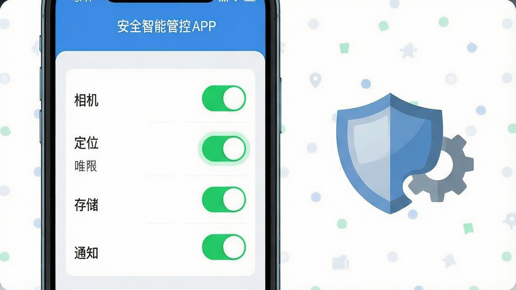 画面展示一部手机屏幕特写,屏幕上显示“安全智能管控”APP的权限设置界面和通知管理界面,界面中“相机”“定位”“存储”“通知”等权限开关以高亮状态显示;手机旁边放置一个盾牌和齿轮组合的图标;布局采用手机居中、图标点缀的构图,风格为扁平化UI展示风,细节包括开关按钮的绿色高亮和界面文字的清晰可读;画质高清,干净,无多余元素