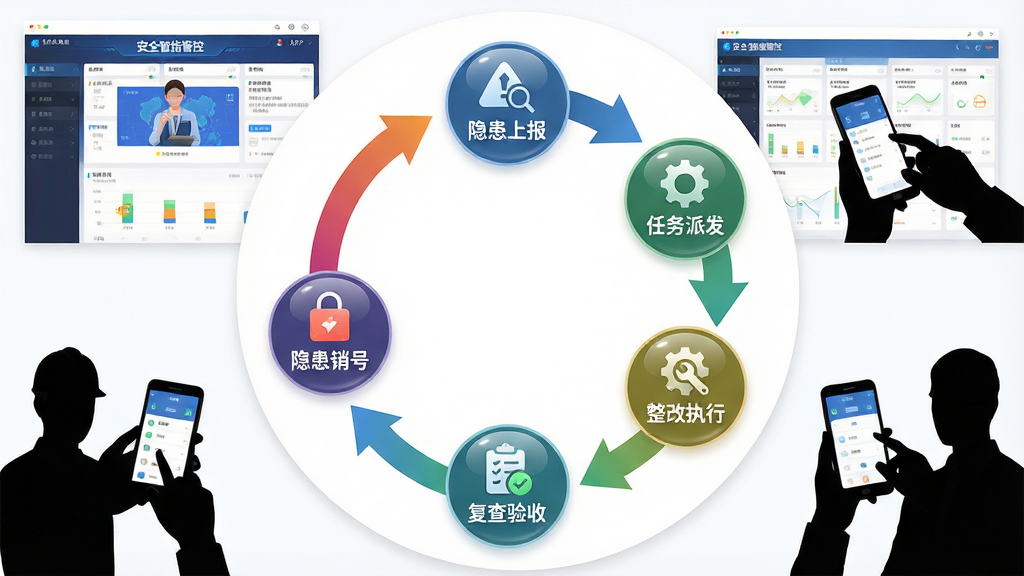 画面中央展示一个圆形闭环流程图,流程节点依次为“隐患上报”“任务派发”“整改执行”“复查验收”“隐患销号”,每个节点配有对应的小图标;流程图周围环绕着“安全智能管控”APP的界面截图和手持手机操作的人物剪影;布局采用圆形环绕构图,风格为商务扁平风,细节包括流程箭头的渐变色彩和节点图标的高光质感;画质清晰,干净,无多余元素