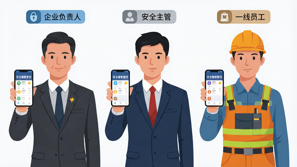 画面展示三个不同角色的用户形象并排站立,从左到右分别为“企业负责人”“安全主管”“一线员工”,每人手中持手机,手机屏幕上显示各自对应的“安全智能管控”功能界面;人物上方有权限标签和角色图标;布局采用横向平铺构图,风格为简洁商务插画风,细节包括人物服装的职业特征和手机界面的差异化设计;画质高清,干净,无多余元素