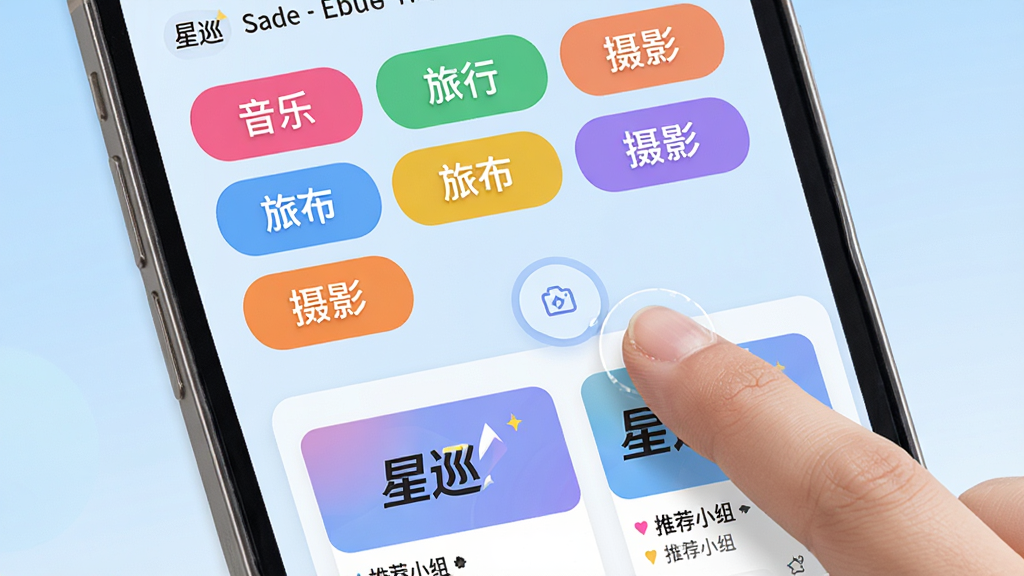 ������ȤȦ��ƥ�书�ܽ��棬��������Ϊ�ֻ���Ļ����Ļ��չʾ�����Ȥ��ǩ�硰���֡������С�����Ӱ���ȣ���ǩ�Բ�ɫԲ�Ǿ������У��·����Ƽ�С�鿨Ƭ����Ƭ��ӡ�С����ϡ�logo������Ϊǳ��ɫ���䣬����ִ���ˬ��ϸ�ڰ����û���ָ�����ǩ�Ķ��������ʸ��壬�ɾ����޶���Ԫ��