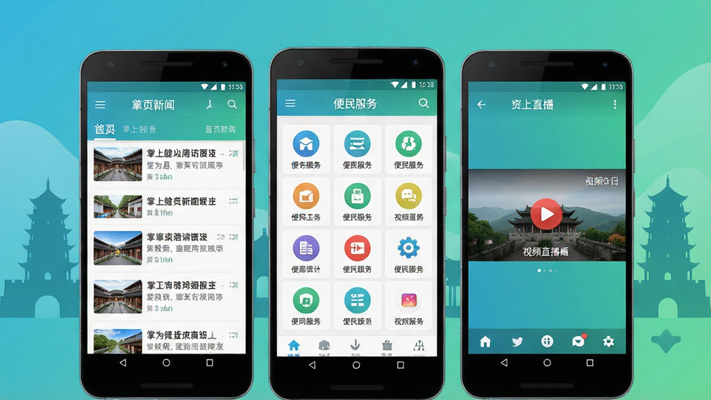 一张展示掌上犍为APP核心界面的手机模型图,画面中央放置三部并排的安卓手机,手机屏幕分别显示首页新闻列表、便民服务图标矩阵和视频直播画面,背景为犍为县地标建筑剪影与清新蓝绿色渐变,排版简洁现代,风格为扁平化UI展示,细节包含清晰的图标与文字排版,画质高清干净无多余元素