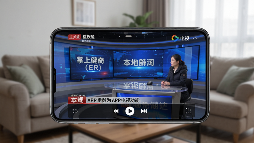一张以掌上犍为APP电视直播功能为主题的场景图,画面主体为横屏手机展示电视直播画面,屏幕中播放本地新闻演播室场景,背景为客厅环境与沙发,布局采用前景手机加背景虚化,风格为写实生活化,细节包含清晰的播放控制按钮与频道标识,画质高清干净无多余元素