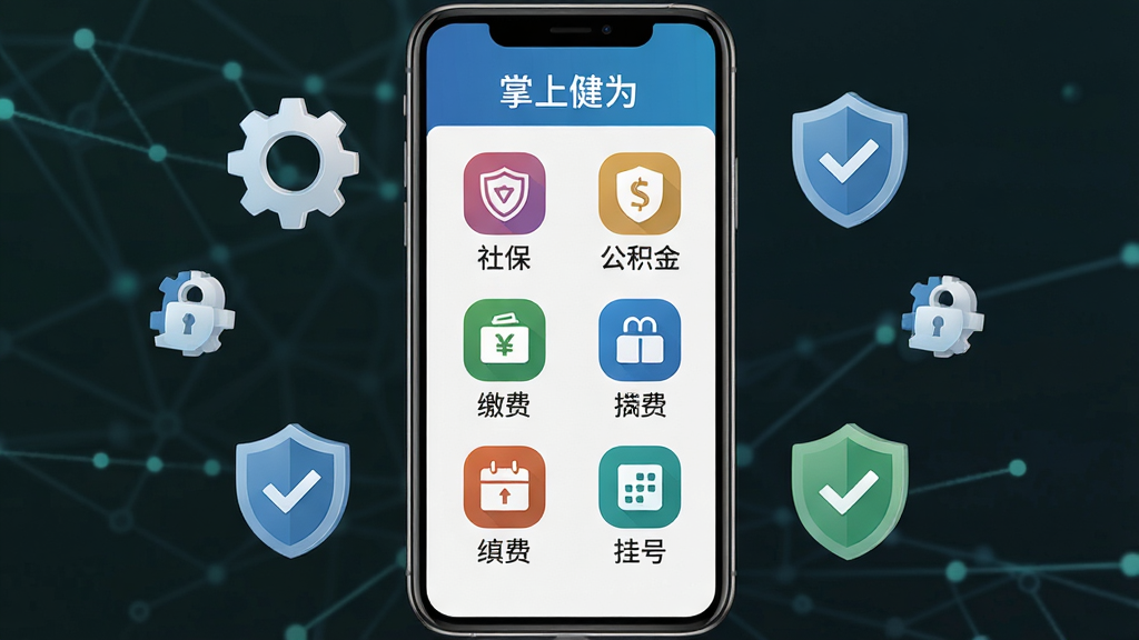 一张展示掌上犍为APP便民服务功能模块的示意图,画面中央为手机屏幕,屏幕内以网格形式排列社保、公积金、缴费、挂号等图标,手机周围点缀齿轮、盾牌、对勾等象征便捷与安全的符号,布局规整对称,风格为简约商务风,细节包含清晰的图标与文字标签,画质高清干净无多余元素