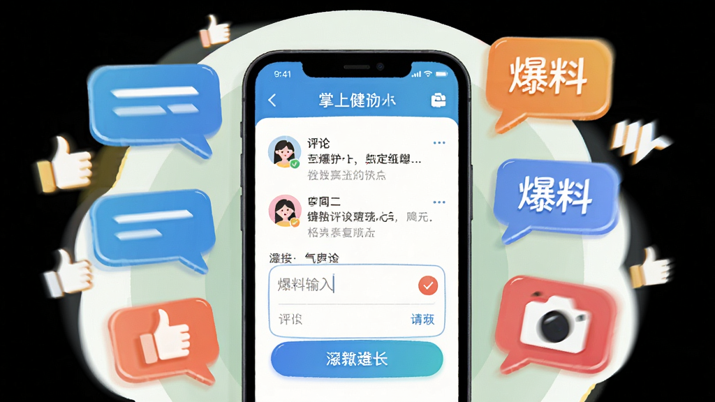 一张展示掌上犍为APP社区互动功能的插画,画面中央为手机屏幕显示评论与爆料输入框,屏幕周围环绕对话气泡、点赞手势、相机图标等元素,布局采用环绕式构图,风格为活泼清新插画风,细节包含清晰的按钮与输入框样式,画质高清干净无多余元素