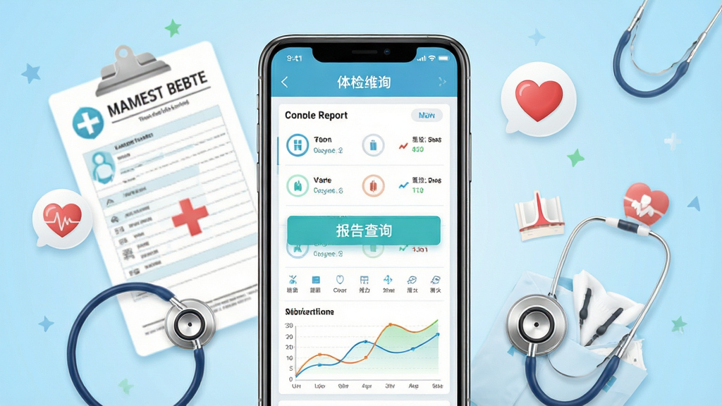��챨����ʱ������������չʾ������λ�÷���һ�������ֻ�����Ļ��ʾ��챨���б��뽡��ָ������ͼ���ֻ���Χ������쵥��������������ͼ���ҽ��Ԫ�أ�����Ϊǳ��ɫ���䣬���岼�־��жԳƣ���������£�ϸ����ͻ�������ѯ��ť������ͼ�����ʸ��壬�ɾ����޶���Ԫ��