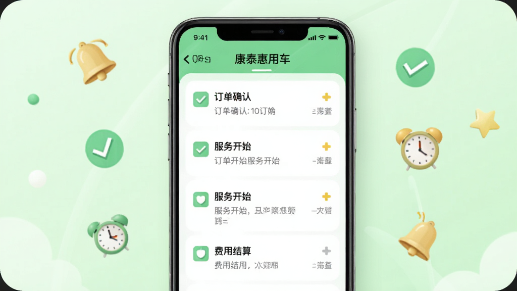 ����չʾ����̩���ó���APP����Ϣ֪ͨ���棬�ֻ���Ļ����ʾ����������Ϣ����������ȷ�ϡ�����ʼ�����ý���ȣ�����Ϊ��͵�ǳ��ɫ����Χ��׺�������Թ���ʱ�ӵ�Сͼ�꣬�������������죬����������������Ԫ��