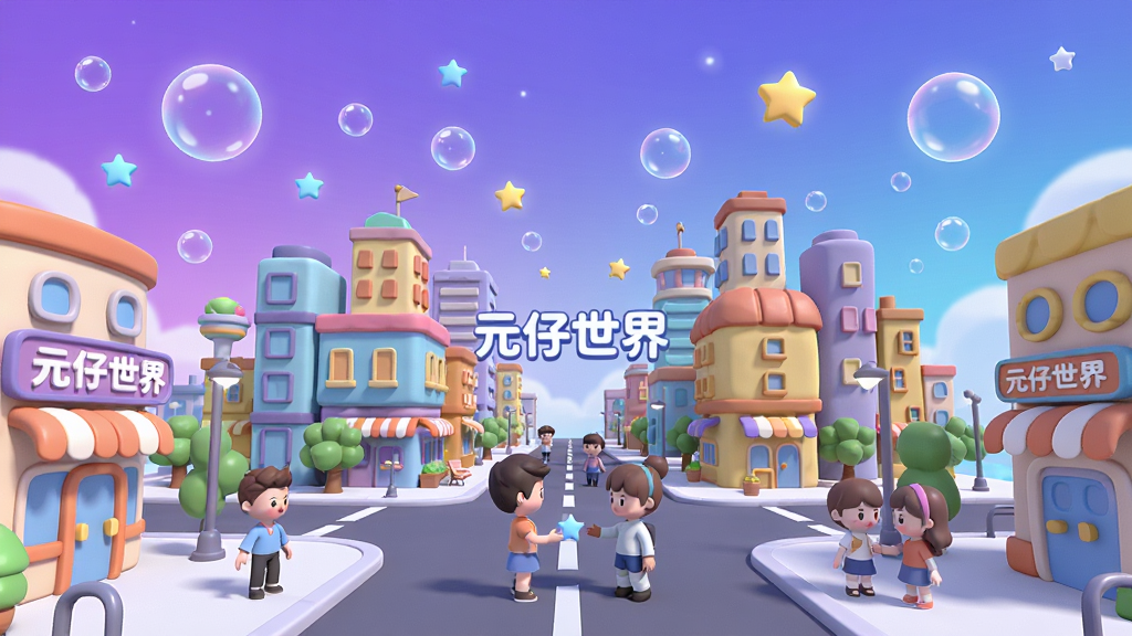 一个充满未来感的虚拟社交世界全景图,画面中央是色彩缤纷的卡通风格城市建筑群,多个可爱的虚拟形象在街道上互动,天空呈现梦幻的渐变紫色与蓝色,漂浮着发光的气泡和星星,整体布局开阔明亮,风格为3D卡通渲染,细节丰富,画质清晰干净,无多余元素,画面中带有文字“元仔世界”
