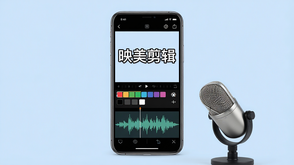 画面中央为一部手机,屏幕显示字幕编辑界面,字幕文字为“映美剪辑”,下方有字体颜色选择条和音频波形图,手机旁边放着一个小型麦克风,布局为居中构图,背景为柔和的浅蓝色,风格为简洁办公风,细节包括字幕描边清晰、波形图起伏自然、麦克风金属质感,画质为高清,画面干净,无多余元素