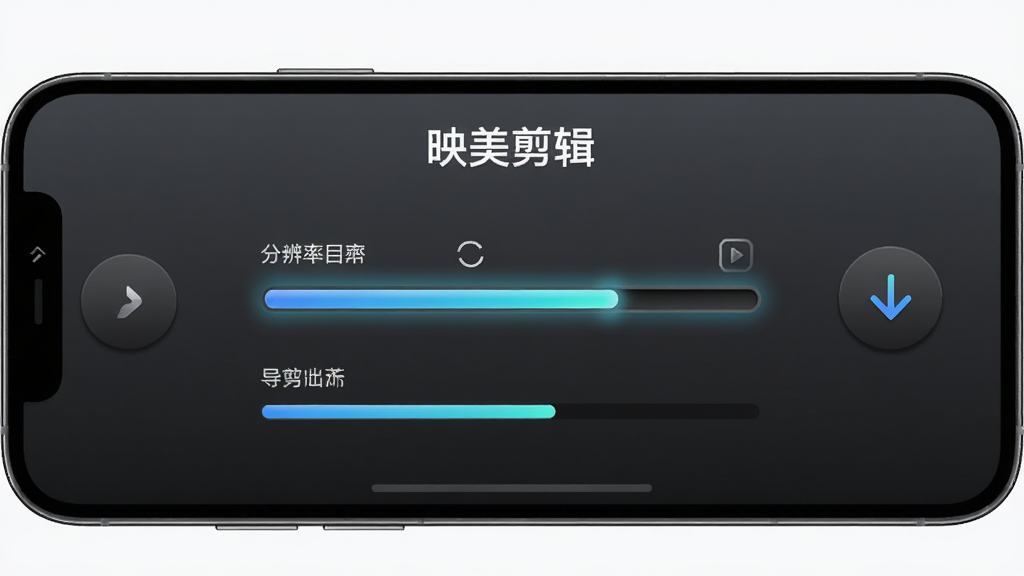 画面为手机横屏放置,屏幕显示视频导出设置界面,有分辨率选项和进度条,屏幕上方有“映美剪辑”文字,手机右侧有一个向下的箭头图标表示导出,布局为横向居中,背景为深灰色渐变,风格为科技简约风,细节包括进度条发光效果、按钮立体感、界面文字清晰,画质为高清,画面干净,无多余元素