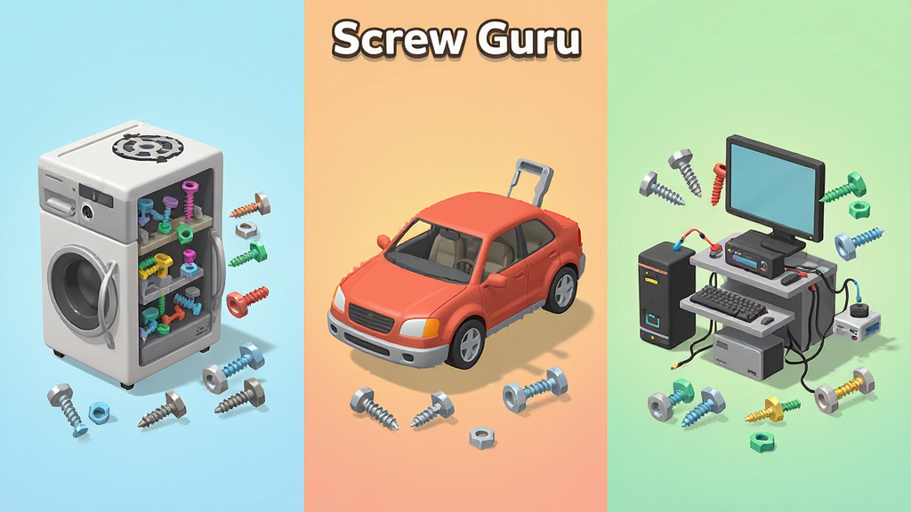 һ��Screw Guru��Ϸ��������չʾͼ�������Ϊ��������ֱ�չʾ�ҵ硢�����������豸���ֻ�е��ⳡ����ÿ���������в�ͬ��ɫ����״����˿������Ϊ��ͽ���ɫ��������Ϊ��ƽ�廭���ϸ�����������ʸɾ��������д��С�Screw Guru������