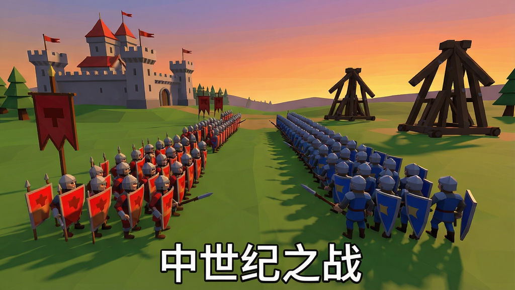 中世纪之战游戏主界面截图,画面中央是低多边形风格的中世纪战场,红蓝两军士兵方阵对峙,远处有城堡和投石机,天空呈现黄昏色调,画面底部显示游戏名称中世纪之战,整体风格简洁明快,画质清晰干净,无多余元素