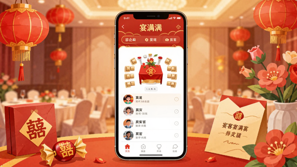 画面中央是一部智能手机,屏幕上显示着“宴满满”应用界面,界面以红色和金色为主色调,展示宴会桌位图与宾客列表;手机周围环绕着喜庆的宴会元素,如红灯笼、喜糖盒、请柬和鲜花;背景是柔和的暖光宴会厅;风格为现代扁平化插画,细节丰富,画质清晰,干净无多余元素
