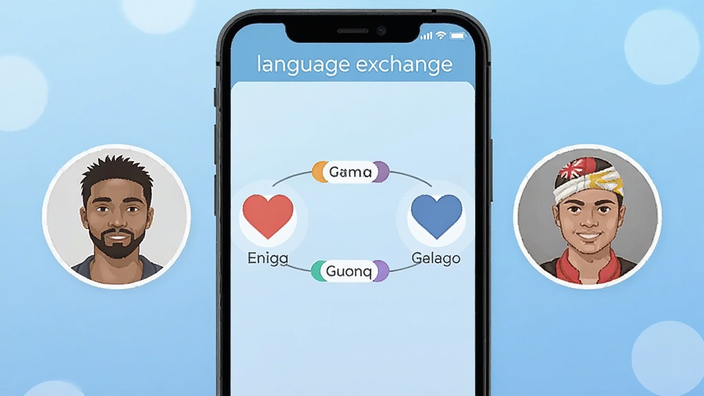 ����չʾһ���ֻ���Ļ����Ļ����ʾ��language exchange��Ӧ�õ�ƥ����棬��������ֱ���������ͬ���ҵ��û�ͷ���м��а��ĺ����Ա�ǩ���ӣ���������͵���ɫ���䣬����ƽ����ϸ�����������ʸɾ�