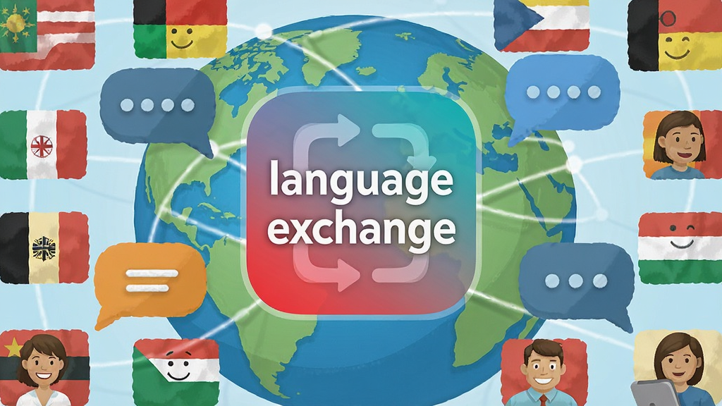 һ��չʾȫ�����Խ�������Ĳ廭�����������ǡ�language exchange��Ӧ��ͼ�꣬��Χ�����Ų�ͬ���ҵĹ��졢�Ի����ݺ�Ц��ͷ�񣬱����ǵ����������ߣ���������ִ���ɫ��������ϸ�ڷḻ�������������ɾ��޶���Ԫ��