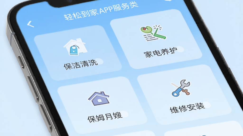 ���ɵ���APP�������ҳ�棬�ֻ���Ļ��д����ʾ������ϴ���ҵ���������ķ��ɩ��ά�ް�װ�Ĵ�����飬ÿ��������м��ͼ�꣬����Ϊǳ��ɫ���䣬UI�����ˬ������ɾ������廭��