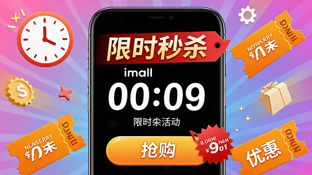 ��Ʒmall��ʱ��ɱ�ҳ�棬����Ϊ�ֻ���Ļ��ʾ����ʱ��������Ʒ������ť����Χ����ʱ��ͼ�����Ż�ȯͼ�Σ�����Ϊ���½ṹ�����Ϊ���������磬ϸ�ڰ�������ʱ��ɱ���������ɫ�۸��ǩ�����ʸ���ɾ��޶���Ԫ��