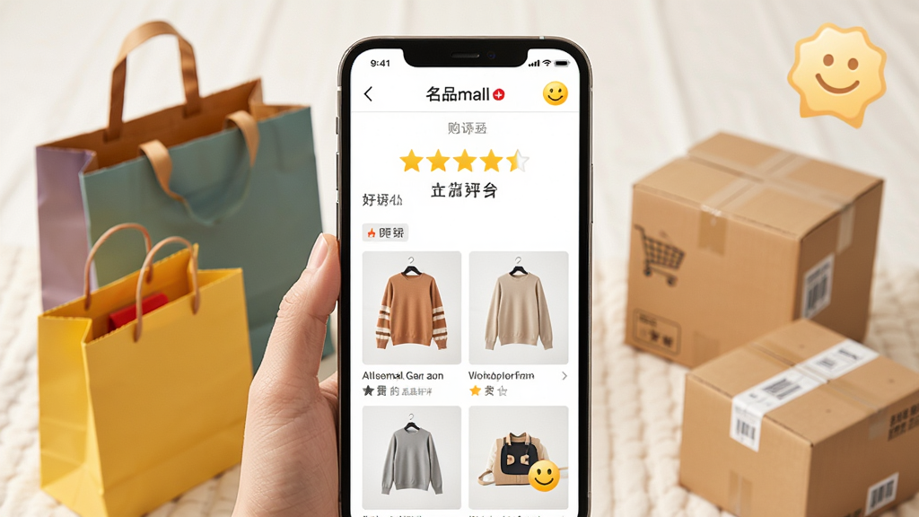 ��Ʒmall�û������빺�ﳡ��չʾ������Ϊ�ֻ���Ļ��ʾ���Ǻ�������Ʒɹ������Χ�й�������ݺУ�����Ϊ����ʽ�����Ϊ��ܰ�����ϸ�ڰ�������Ʒ������������Ц��ͼ�꣬���ʸ���ɾ��޶���Ԫ��