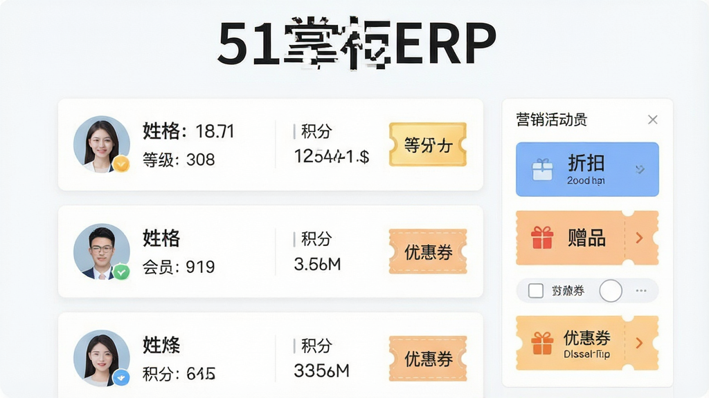 һ��չʾ51�ƹ�ERP��Ա���������AI����ͼ������������һ����Ա��Ϣ��Ƭ�б�����Ƭ����ʾ��Աͷ�����������֡��ȼ���ǩ���Ҳ���Ӫ���������壬�����ۿۡ���Ʒ���Ż�ȯ��ѡ�������Ϊ����ǳɫ��ƽ�磬ϸ�ڰ�����Ա�ȼ����¡��������֡��Ż�ȯͼ�꣬���ʸ��壬����ɾ����޶���Ԫ�أ�ͼƬ������������