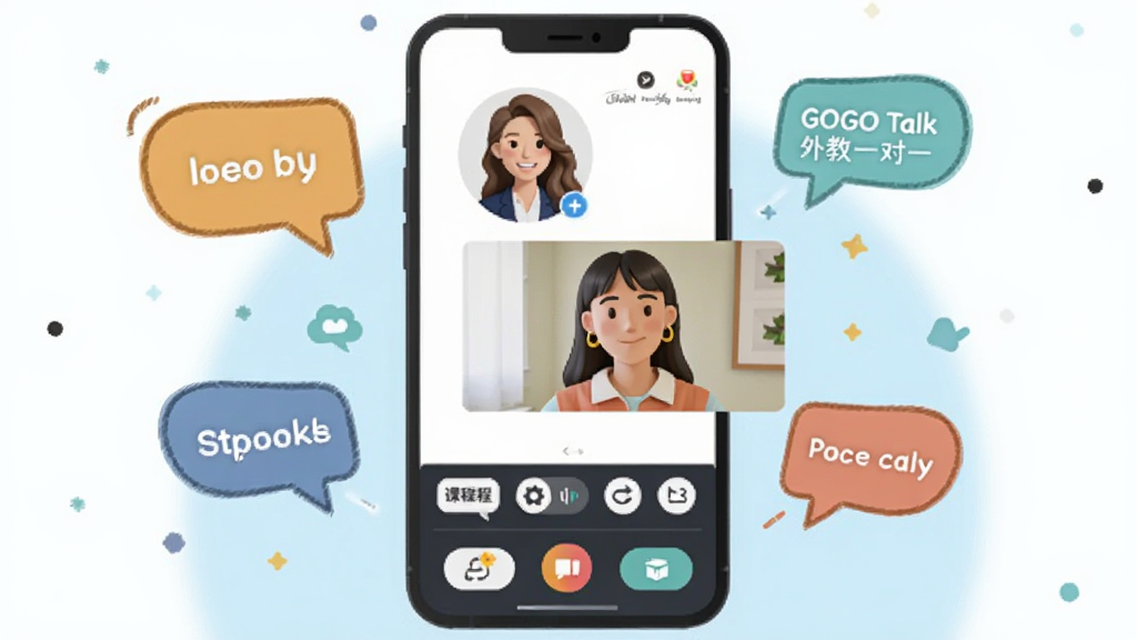һ��չʾGOGO Talk���һ��һ�Ͽν����ͼƬ����������Ϊ�ֻ���Ļ����Ļ����ʾ�����ʦ��ͷ���ѧ������Ƶ���ڣ��·��пγ̹������ͻ�����ť����Ļ��Χ�п�ͨ�Ի����Ӣ�ﵥ�����ݡ����������»��ã�����ʸ���廭���ɫ������������ɾ������廭�ʣ��޶���Ԫ�أ�ͼƬ������Ϊ��GOGO Talk ���һ��һ����