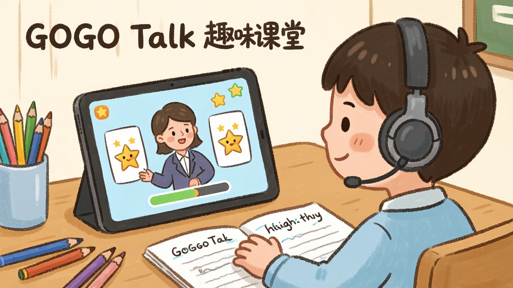 һ��չʾGOGO TalkȤζ�������õ�ͼƬ��������һ��Сѧ�����Ŷ�����������ǰ����ǰƽ�������Ļ����ʾ�����ʦ����չʾ��ͨ��������Ļ�������ǽ����ͽ������������в�ɫǦ�ʺ�Ӣ����ϰ����������Ϊ��ů�ֻ�廭��ɫ����ͣ�ϸ�ڷḻ������ɾ������廭�ʣ��޶���Ԫ�أ�ͼƬ������Ϊ��GOGO Talk Ȥζ���á���