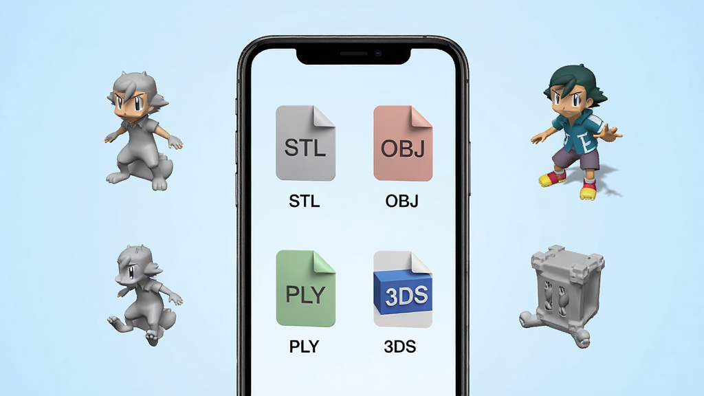 һ��չʾС��3D���ʽ���ݹ��ܵ�ͼƬ��������һ���ֻ���Ļ��ͬʱ������STL��OBJ��PLY��3DS�ĸ��ļ�ͼ�꣬ÿ��ͼ���·���ע��ʽ���ƣ��ֻ��Ա�Ư���Ŷ�Ӧ����άģ��Сͼ��������ǳ��ɫ���䣬������¼�࣬�������룬�����������ɾ��޶���Ԫ��