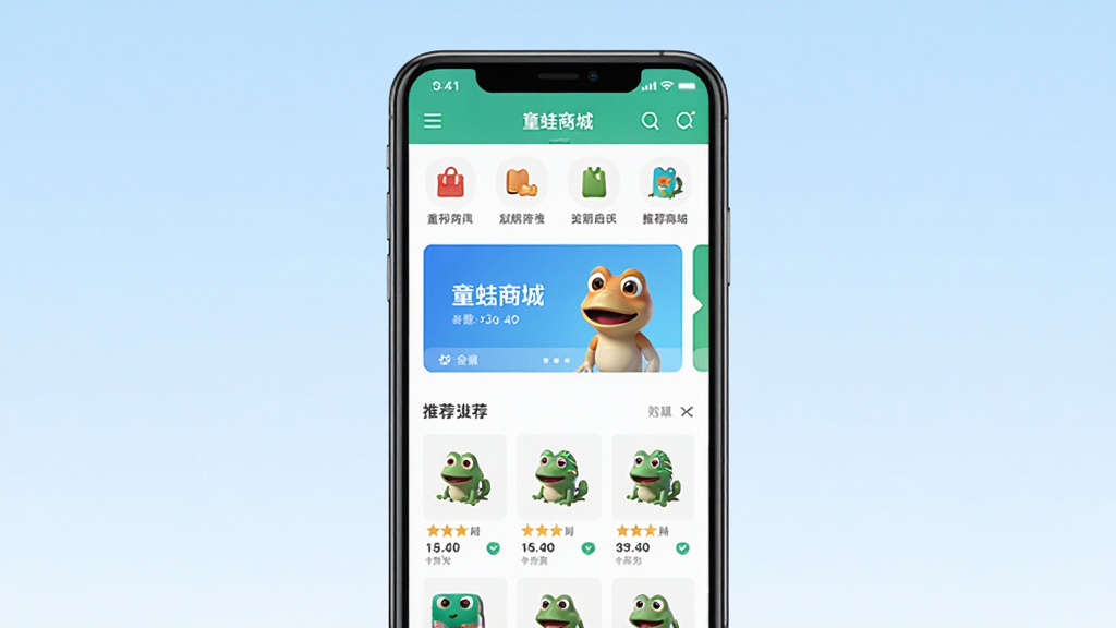 ͯ���̳�APP����չʾ��һ�������ֻ��������аڷţ���Ļ����ʾ�����̳���ҳ��������Ʒ����ͼ�ꡢ�ֲ�ͼ���Ƽ���Ʒ�б�������Ϊǳ��ɫ���䣬�����������ϸ�����������ʸɾ����޶���Ԫ��