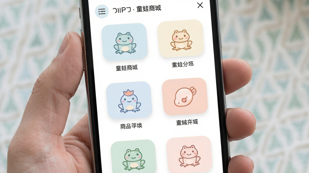 ͯ���̳���Ʒ����ҳ�棬�ֻ���Ļ��չʾ�����Ʒ����ͼ���������У�ÿ��ͼ���·������ֱ�ǩ��ҳ����ɫ��ͣ�������¼�࣬�����������ɾ�������Ԫ��