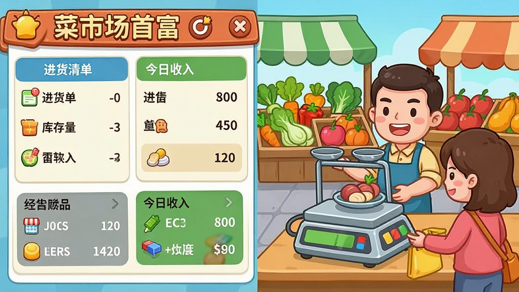 һ����ͨ���ľ�Ӫ������廭�棬�����ʾ�����г��׸�����Ϸ���棬���������嵥�����������������������������Ҳ���̯����ɫ���ڵ��ӳ�ǰΪ�˿ͳ��أ��������߲�̯��ˮ��̯�����沼��������������죬���ʸɾ�����������Ϊ�����г��׸����;�Ӫ����