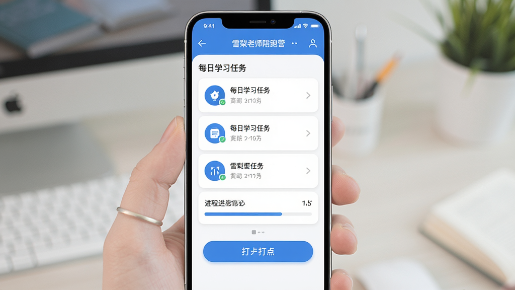 ������һ���ֻ���ĻչʾӢ��ѧϰAPP���棬����Ϊ���з����ֻ�����Ļ����ʾÿ��ѧϰ�����б��ͽ��������Ű����������Ϊ�ִ���Լ��ƽ����ϸ�ڰ�����ɫ��ɫ����Բ��ͼ�ꡢ�򿨰�ť�����ʸ���ɾ��޶���Ԫ�أ�ͼƬ������Ϊ��ѩ����ʦ����Ӫ��