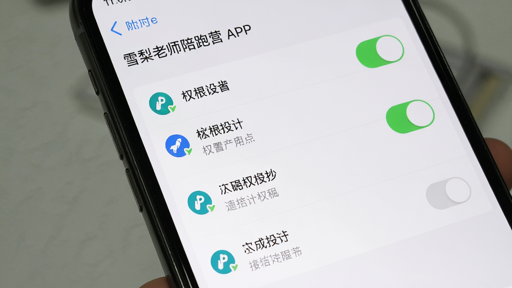 �������ֻ���ĻչʾAPPȨ������ҳ�棬����Ϊ�б�ʽ����Ȩ��ѡ��Ű��࣬���Ϊϵͳ���ý�����ϸ�ڰ������ذ�ť��Ȩ��ͼ�ꡢ����˵�����֣����ʸ���ɾ��޶���Ԫ�أ�ͼƬ������Ϊ��ѩ����ʦ����Ӫ��