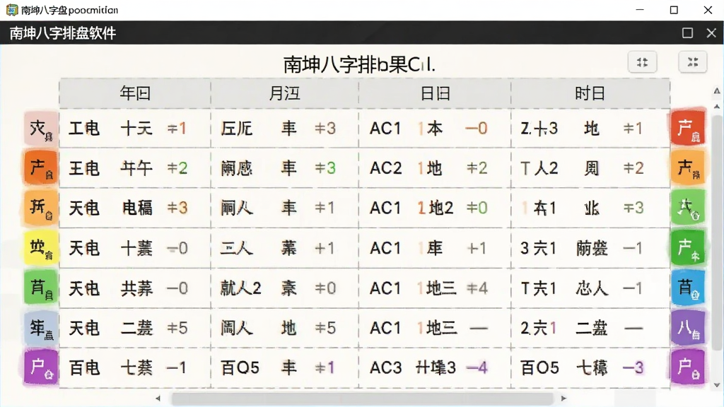 一张展示南坤八字排盘软件界面的图片,画面中显示八字排盘结果表格,包含年柱月柱日柱时柱的天干地支信息,旁边有五行颜色标注,背景为浅色简约风格,画质清晰,干净无多余元素
