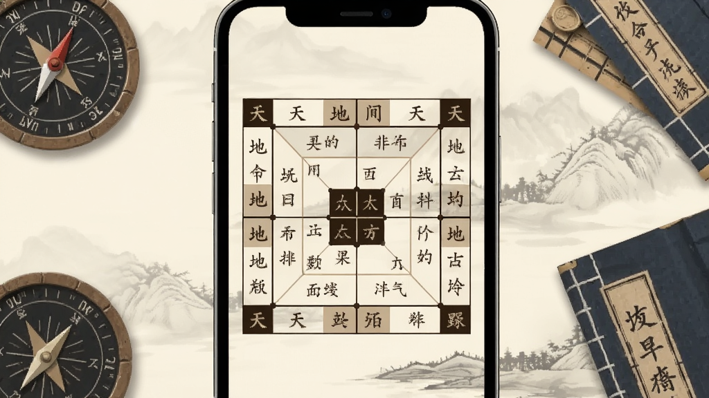 一张手机屏幕展示八字排盘界面的图片,画面中央是传统中式命盘表格,包含天干地支、五行属性等文字信息,背景为淡雅的水墨风格,周围点缀罗盘与古籍元素,整体色调沉稳古朴,画质清晰干净,无多余元素