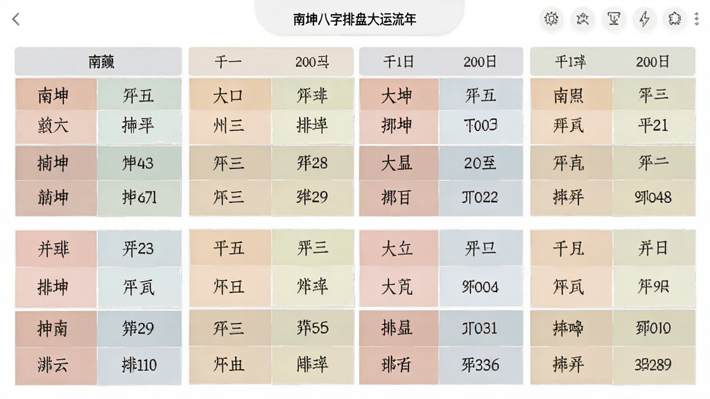 一张展示南坤八字排盘大运流年界面的图片,画面中排列着多个大运干支与年份信息,表格布局整齐,配色柔和,背景干净简洁,画质高清,无多余装饰元素