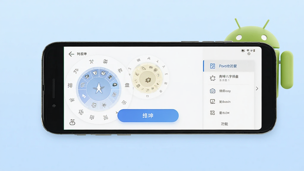 一部手机展示南坤八字排盘安装完成后的主界面,画面中有排盘按钮和功能菜单,旁边放置一个安卓机器人图标,背景为浅蓝色渐变,风格简洁明快,画质清晰,无多余元素