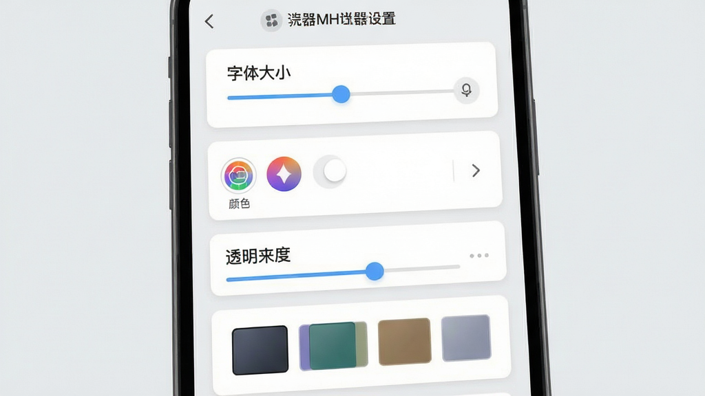 ��������MH���Ի����ý��棬����չʾһ���ֻ������ò˵����˵��������������С���顢��ɫѡ������͸���ȵ�����������ɫ���ѡ�������ÿ�Ƭʽ���֣��Ű��������򣬷��Ϊ����������ƣ�ϸ����ÿ��������ж�Ӧ��ͼ��ʾ�⣬����Ϊǳ��ɫ������Ϊʸ����Ⱦ���𣬸ɾ��޶���Ԫ��