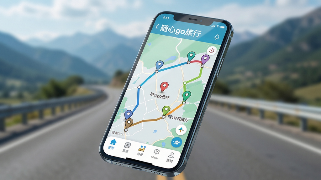 ����Ϊһ�������ֻ�����Ļ����չʾ�š�����go���С�APP����ҳ���棬��ͼ�ϱ�ע�Ŷ�����ɫ·���뾰��ͼ�ꣻ���ֲ��þ��й�ͼ���ֻ�΢΢��б���Ű��࣬����Ϊ�黯�Ĺ�·��Զɽ�����Ϊ�ִ��Ƽ������������·��ϣ�ϸ�ڰ�����Ļ���⡢��ͼ�ϵĶ�λͼ�����ײ�������ͼ�������ɼ�������Ϊ4K���壬�ɾ��޶���Ԫ�ء�