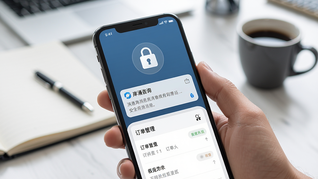画面展示一只手拿着手机,手机屏幕显示“岸涌咨询”APP的消息通知与订单管理界面,屏幕上方有安全锁图标;背景是模糊的现代办公桌面,有笔记本和咖啡杯;风格商务简约,布局聚焦手机屏幕,细节清晰,画质高清,干净无多余元素。