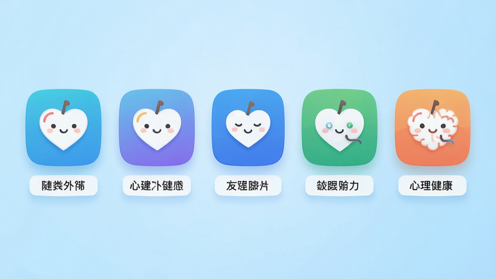 画面展示五款心理健康类APP图标并排排列,每个图标下方有对应的软件名称标签,背景是浅蓝色渐变,图标风格统一为圆角矩形;整体布局整齐,风格清新简洁,细节清晰,画质高清,干净无多余元素。