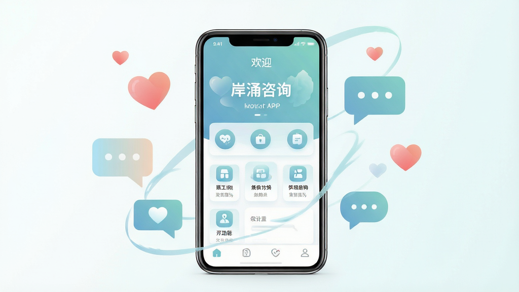 画面中央展示一部智能手机,手机屏幕显示“岸涌咨询”APP的首页界面,界面以柔和的蓝绿色调为主,上方有欢迎语和功能入口图标;手机周围环绕着抽象的心形与对话气泡元素,代表心理沟通与关怀;背景是干净的浅色渐变,风格现代简约,布局居中对称,细节清晰,画质高清,干净无多余元素。