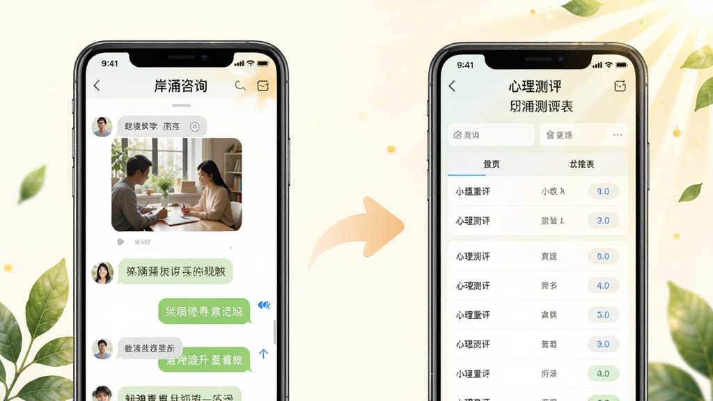 画面以“岸涌咨询”APP的功能界面为主体,左侧展示图文咨询聊天窗口,右侧展示心理测评量表界面,中间用柔和的箭头连接;背景为淡雅的米白色,点缀着绿叶与阳光元素,象征成长与疗愈;整体风格清新温暖,布局采用左右分栏,细节丰富,画质高清,干净无多余元素。