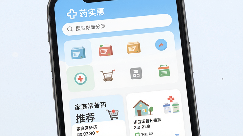 �ֻ���Ļ������ʾ��ҩʵ�ݡ�Ӧ����ҳ���棬�������������м�ΪҩƷ���๬��ͼ�꣬�·�Ϊ��ͥ����ҩ�Ƽ���Ƭ������Ϊǳ����ɫ�������岼�ּ�����������Ϊ�ִ���ƽ��UI��ƣ�ϸ�ڰ���ҩƷ�С����ﳵͼ�ꡢ����ʮ�ֱ�ʶ�����ʸɾ����壬�޶���Ԫ��