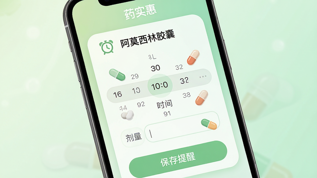 �ֻ���Ļ��ʾ��ҩʵ�ݡ���ҩ�������ý��棬����ΪҩƷ���ơ���Ī���ֽ��ҡ����м�Ϊʱ��ѡ�����̺ͼ�������򣬵ײ�Ϊ���������ѡ���ť������Ϊ����ɫ���䣬���Ϊ���Բ�ǿ�Ƭ��ƣ�ϸ�ڰ�������ͼ���ҩ��ͼ�Σ����ʸɾ����壬�޶���Ԫ��