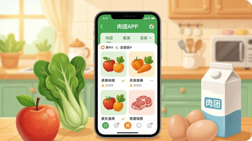 һ��չʾ����APP����ȫò�Ĳ廭������������һ�������ֻ����ֻ���Ļ����ʾ������APP����ҳ���棬������������ˮ���߲˺��������Ʒչʾ���ֻ���Χ����������ʳ��Ԫ����ƻ������ˡ�������ţ�̺У���������ܰ�ļ�ͥ��������������������������ɫ������ɫ�ͳ�ɫΪ�������ֲ��þ��й�ͼ������ͻ�������������ɾ����޶���Ԫ�أ�ͼƬ�����ֱ�ע