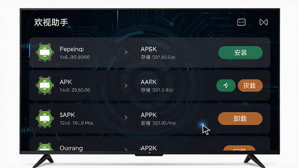������Ļ��ʾ�ļ��������棬�б���չʾ���APK�ļ�ͼ������ƣ��Ҳ��а�װ��ж�ذ�ť������Ϊ��ɫ�Ƽ������棬ϸ�ڰ����ļ���С��ע���洢·����Ϣ��ң�������λ�ã����������ɾ��޶���Ԫ�أ�ͼƬ�����ֱ�ע